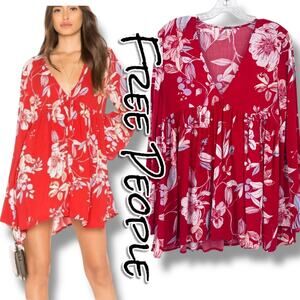 Free People Bella Red Multicolor Floral Tunic Empire Waist Babydoll Womens Sz S